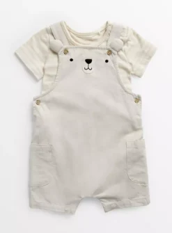 Cream Bear Face Short Dungarees & Bodysuit Set 3-6 Months