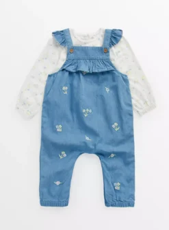 Blue Chambray Floral Dungarees & Bodysuit 9-12 Months
