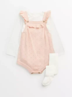 Pink Knitted Romper, Bodysuit & Tights Set 9-12 Months