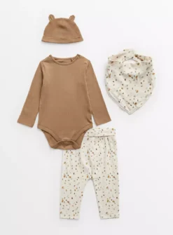 Brown Bodysuit, Bottoms, Hat & Bib 6-9 Months