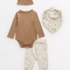 Brown Bodysuit, Bottoms, Hat & Bib Up To 3 Mths
