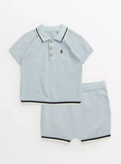 Blue Knitted Polo Shirt & Shorts Set 3-6 Months