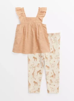 Beige Woven Top & Safari Print Leggings Set18-24 Months