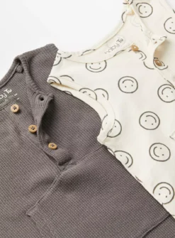Cream Smiley Face & Charcoal Waffle Romper 2 PackUp To 3 Mths