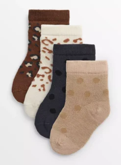 Neutral Leopard Print Socks 4 Pack 6-12 Months